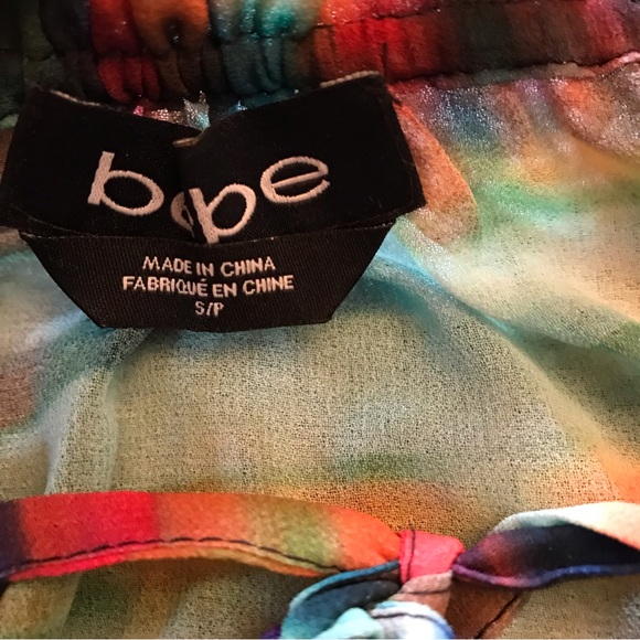 Bebe Semi Sheer Boho Peplum Blouse Size Small Wing Sleeve Pom Pom Trim Colorful - Picture 5 of 14